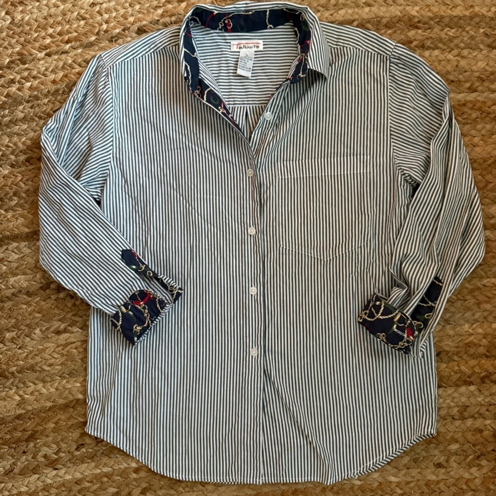Vintage Talbots Small Green & White Striped Preppy Equestrian Button Down Blouse